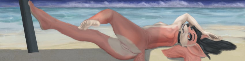 4:1 anthro ass beach black_hair breasts canid canine canis collar collar_only day feet female fox fur genitals hair hi_res innie_pussy lkkd long_image mammal nipples nude orange_eyes presenting public pussy solo tail tan_body tan_fur teeth wide_image