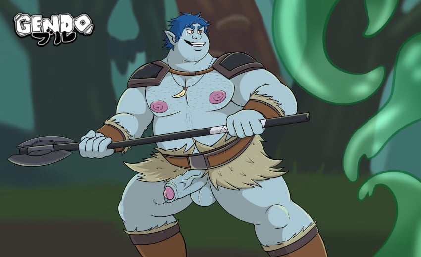 5_fingers anthro areola armor balls barley_lightfoot blue_body blue_hair blue_skin bodily_fluids collar digital_media_(artwork) disney elf erection fingers gendomx genital_fluids genitals gladiator hair hi_res holding_object holding_weapon humanoid humanoid_genitalia humanoid_penis humanoid_pointy_ears leaking_precum leather leather_armor male male_only mostly_nude nipples onward_(2020) open_mouth overweight overweight_humanoid overweight_male pecs penis pixar precum precum_string pteruges smile solo standing vein veiny_penis warrior weapon