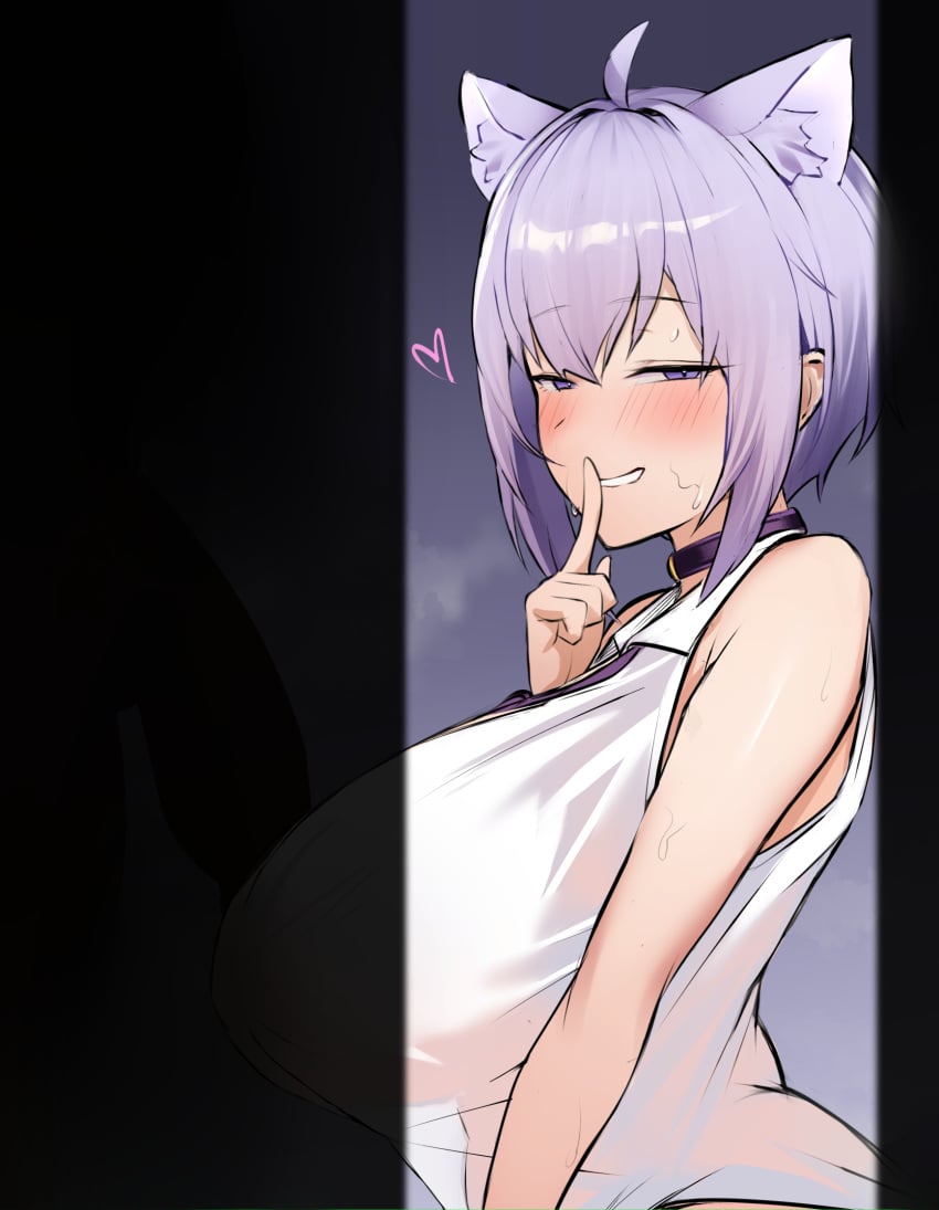 1boy ahoge animal_ear_fluff animal_ears barefoot black_choker blush breasts cat_ears cat_girl cat_tail choker clothed_female_nude_male commentary_request covered_nipples female finger_to_mouth hair_between_eyes half-closed_eyes heart highres hololive hoshara huge_breasts large_penis looking_at_viewer nekomata_okayu nude penis purple_hair see-through see-through_shirt see-through_silhouette seiza shadow shirt short_hair sitting sleeveless smile solo_focus tail virtual_youtuber