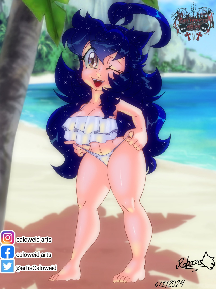 beach bikini blue_hair breasts brown_eyes caloweid_arts female panties rebeca solo