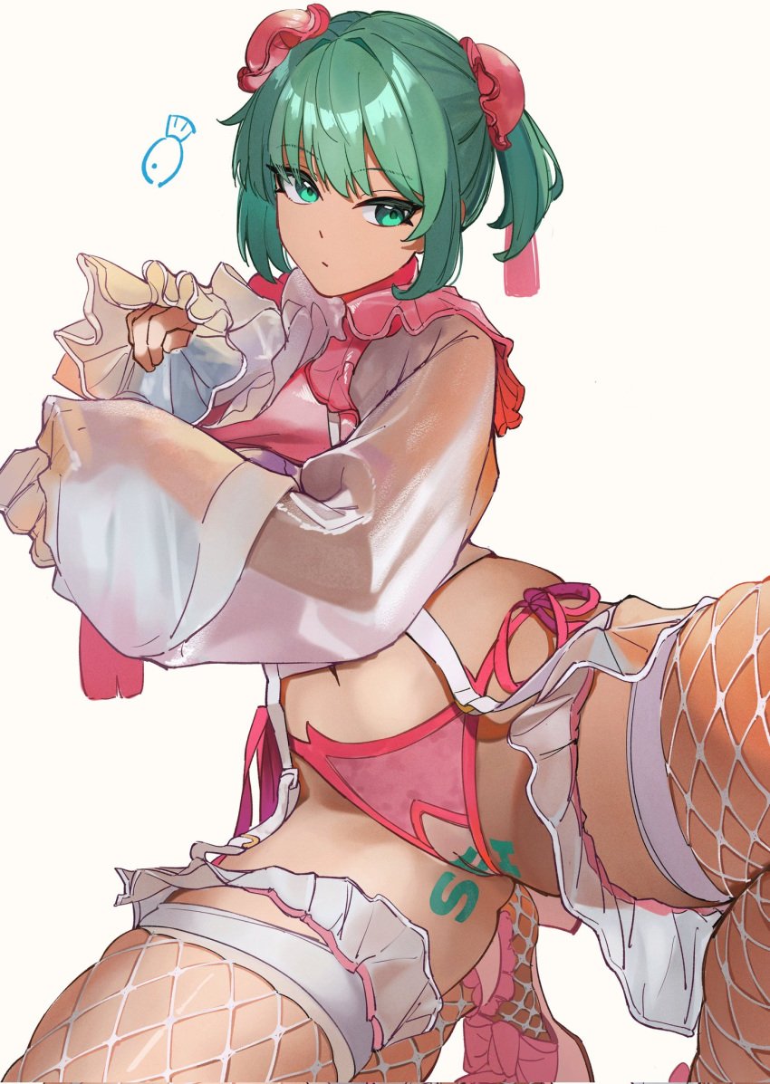 body_writing bun_cover chinese_clothes closed_mouth commission crotchless crotchless_panties double_bun female fishnet_thighhighs fishnets frilled_sleeves frills green_eyes green_hair hair_bun highres long_sleeves looking_at_viewer mr_thecatman navel panties pink_panties pussy see-through sei_asagiri short_hair simple_background solo squatting thighhighs twintails underwear va-11_hall-a white_background