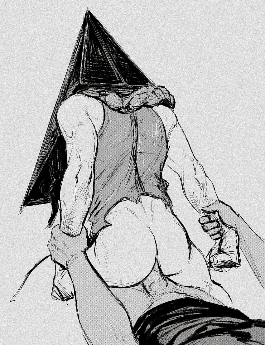 2boys anal ass bara bottomless cropped_legs from_behind grabbing_another's_arm greyscale helmet highres male_focus monochrome multiple_boys muscular muscular_male object_head pyramid_head reverse_cowgirl_position sex silent_hill silent_hill_2 smokerichi solo_focus straddling uncensored yaoi