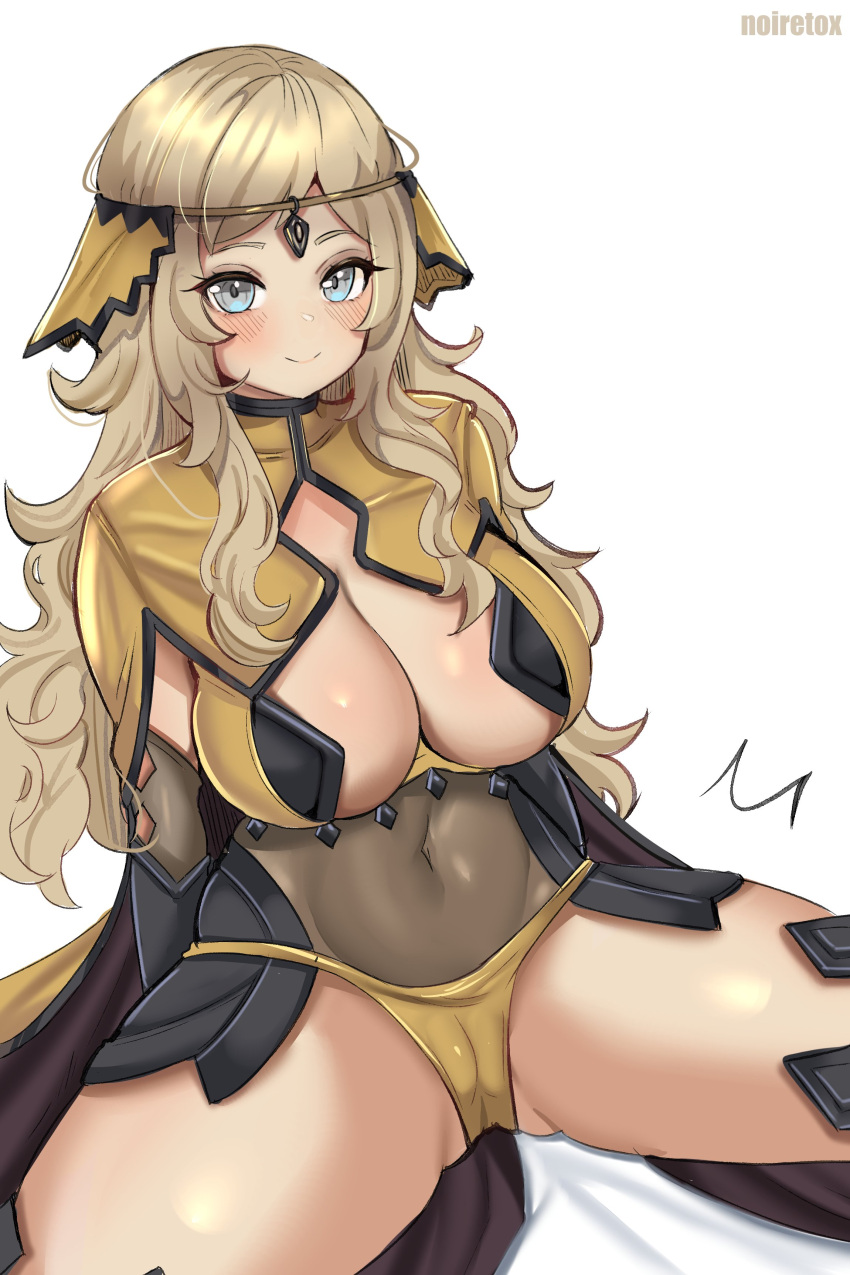 1girls absurdres aged_up antenna_hair artist_name ass_visible_through_thighs bare_thighs blonde_hair blush bodystocking breasts cameltoe circlet cleavage closed_mouth covered_navel feet_out_of_frame female female_only fire_emblem fire_emblem_fates grey_eyes highres large_breasts long_hair looking_at_viewer nintendo noiretox ophelia_(fire_emblem) panties partially_visible_vulva simple_background smile solo thick_thighs thighs underwear white_background yellow_panties