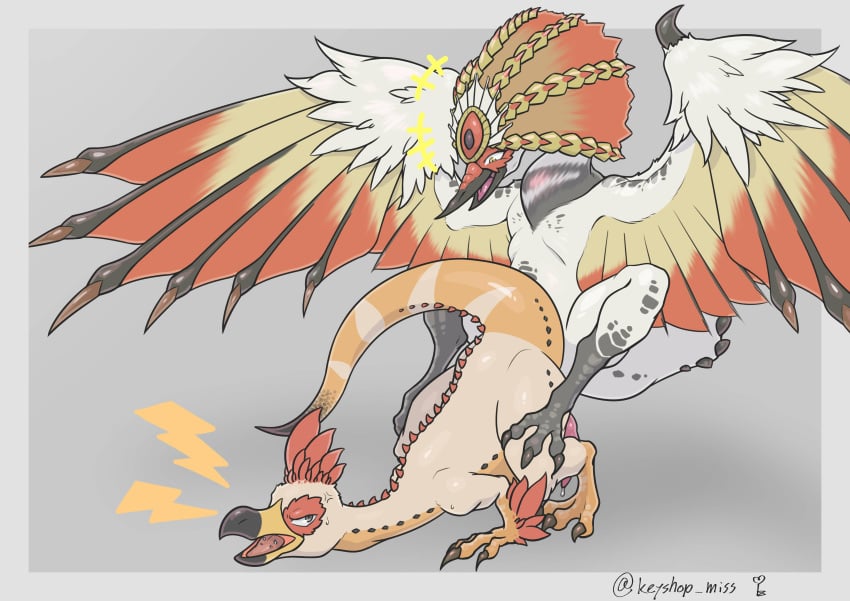 absurd_res aknosom avian beak bird_wyvern bodily_fluids capcom claws duo erection feral feral_on_feral feral_penetrated feral_penetrating feral_penetrating_feral from_behind_position genital_fluids genitals hi_res keyshop_miss kulu-ya-ku male male/male male_penetrated male_penetrating male_penetrating_male monster_hunter penetration penis perching_position sex simple_background smile wings