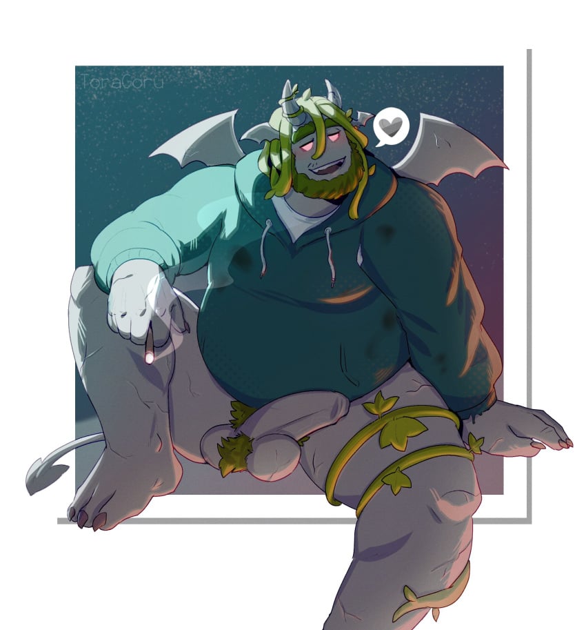 1boy bara beard bottomless cigarette colored_skin demon_horns demon_wings erection facial_hair fat fat_man foot_out_of_frame full_beard glowing glowing_eyes green_hair grey_skin heart highres holding holding_cigarette hood hoodie horns huge_eyebrows knee_up large_pectorals looking_to_the_side male_focus male_pubic_hair monster_boy monster_prom naked_hoodie pectorals penis pubic_hair red_eyes sitting solo spoken_heart spread_legs stu_(monster_prom) thick_beard thick_testicle_hair thick_thighs thighs toragoru uncensored wings