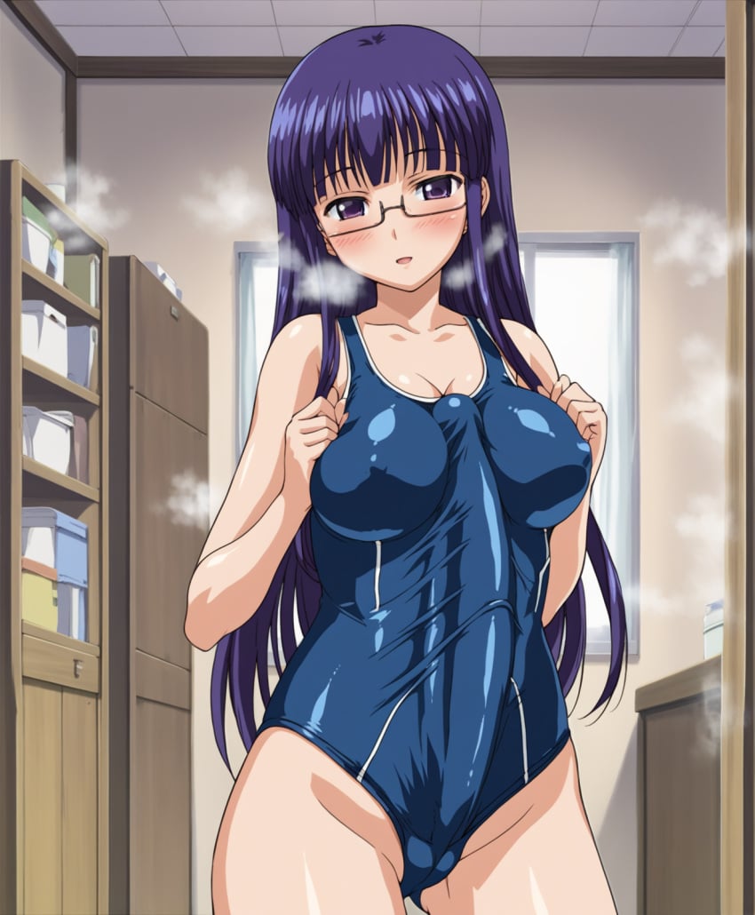 ai_generated bulge_through_clothing futabu futanari glasses huge_cock long_hair medium_breasts oohashi_sumika