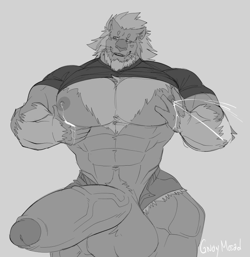 2023 abs anthro balls bara barazoku big_balls big_penis bodily_fluids bottomwear chest_tuft clothed clothing erection felid final_fantasy final_fantasy_xiv genitals greyscale hi_res hrothgar huge_balls huge_cock humanoid_genitalia humanoid_penis hyper hyper_balls hyper_genitalia hyper_penis lactating male male_lactation mammal milk_drip milk_stream monochrome muscular muscular_anthro muscular_male nipples pec_milking pecs penis projectile_lactation raised_clothing raised_shirt raised_topwear shirt shorts signature solo square_enix topwear tuft vein veiny_penis yongdasom