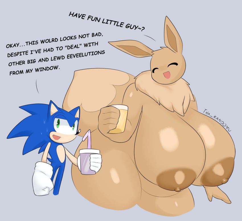 1boy 1girls ^o^ adorable ass big_ass big_breasts bigger_female blue_body breasts breasts_bigger_than_head brown_fur brown_skin canon_design closed_eyes completely_naked completely_naked_female completely_nude completely_nude_female crossover cute cute_face dialogue drink drinking eevee eeveelution female female_focus furry grammatical_error grey_background hedgehog hedgehog_humanoid huge_ass huge_breasts hyper_breasts male mispelling naked naked_female nintendo nude nude_female open_mouth pok&eacute;mon_(species) pokemon pokemon_(species) sega simple_background smaller_male sonic_(series) sonic_the_hedgehog sonic_the_hedgehog_(series) talking_to_another talking_to_partner tha_randomu