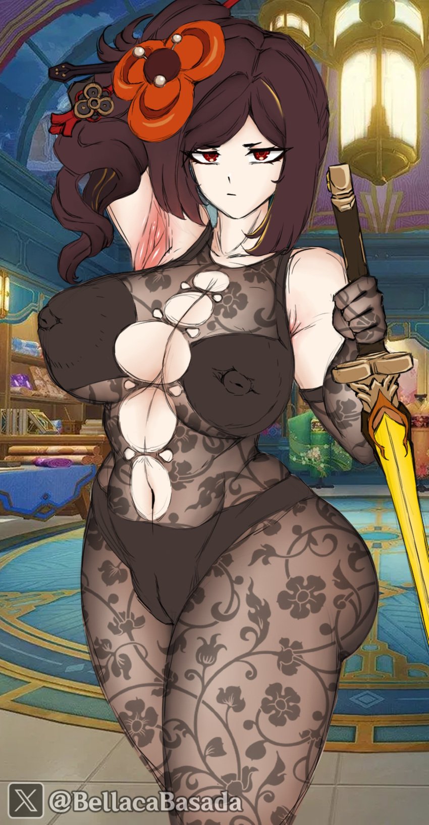 1girls bellacabasada breasts chiori_(genshin_impact) female female_only genshin_impact huge_ass huge_breasts human nipples nipples_visible_through_clothing revealing_clothes solo solo_female standing thick_thighs wide_hips