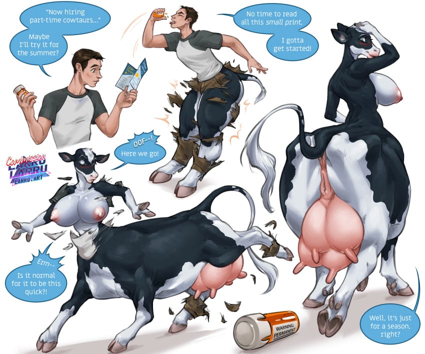 1boy 1girls absurd_res animal_genitalia animal_pussy anus big_breasts blue_eyes bovid bovid_taur bovine bovine_genitalia bovine_pussy bovine_taur breasts cattle cattle_taur clothing cloven_hooves female female_with_udders gender_transformation genitals hi_res hooves human human_to_taur larru-larru male male_to_female mammal mammal_taur mtf_transformation multicolored_body nude nude_female pussy solo solo_focus taur taur_transformation teats toned toned_female toned_male torn_clothing transformation two_tone_body udders