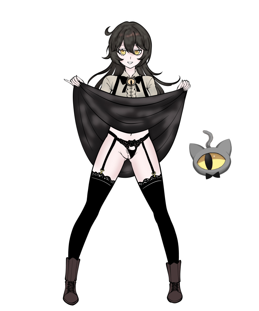 black_hair exhibitionist goth grimmivt indie_virtual_youtuber lifting_skirt pale-skinned_female panties_aside thong_aside trimmed_pubic_hair virtual_youtuber vtuber yellow_eyes