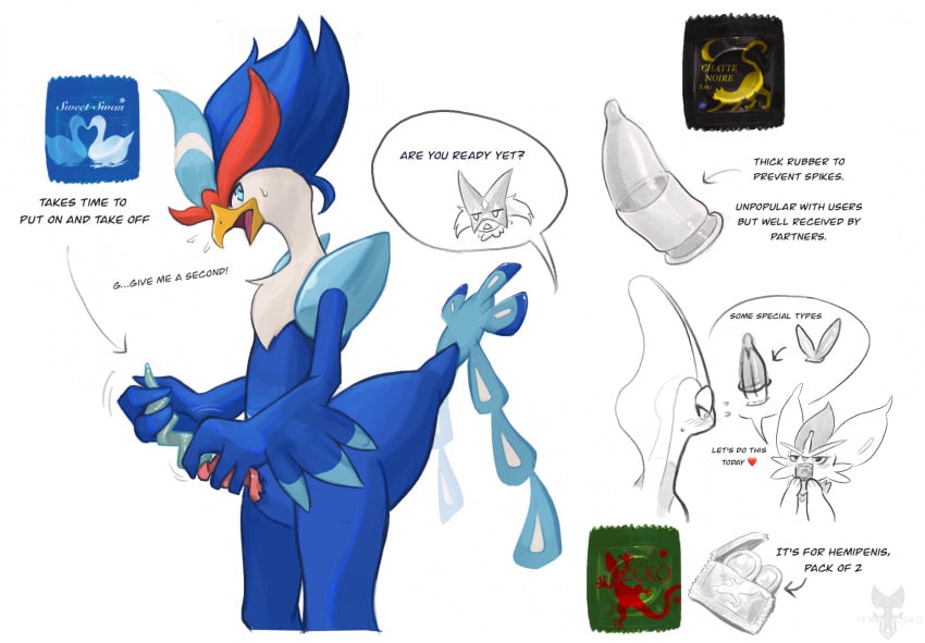 2024 2_penises animal_genitalia animal_penis avian blue_body blue_eyes blue_feathers blush cinderace condom diphallia diphallism duck_penis english_text erection feathers felid feline generation_8_pokemon generation_9_pokemon genitals hemipenes hi_res imminent_sex inteleon lagomorph mammal meowscarada multi_genitalia multi_penis nintendo penis pokemon pokemon_(species) quaquaval sexual_barrier_device simple_background tenebscuro text wearing_condom white_background white_body white_feathers