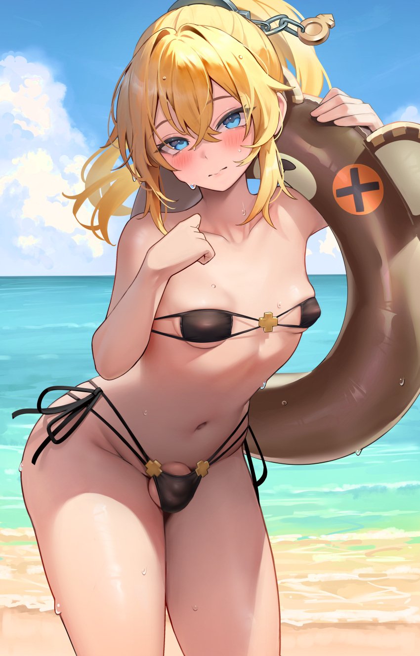 1boy absurdres alternate_costume alternate_hairstyle beach bikini black_bikini blonde_hair blue_eyes blush bridget closed_mouth cowboy_shot curvy day eyepatch_bikini flaccid guilty_gear hakusyokuto highres holding holding_swim_ring ineffective_clothing innertube looking_at_viewer male_focus male_only male_with_breasts multi-strapped_bikini_bottom navel ocean otoko_no_ko outdoors paid_reward_available penis penis_peek ponytail short_hair side-tie_bikini_bottom small_breasts solo strapless strapless_bikini sweat swim_ring swimsuit testicle_peek testicles variant_set water wet wide_hips