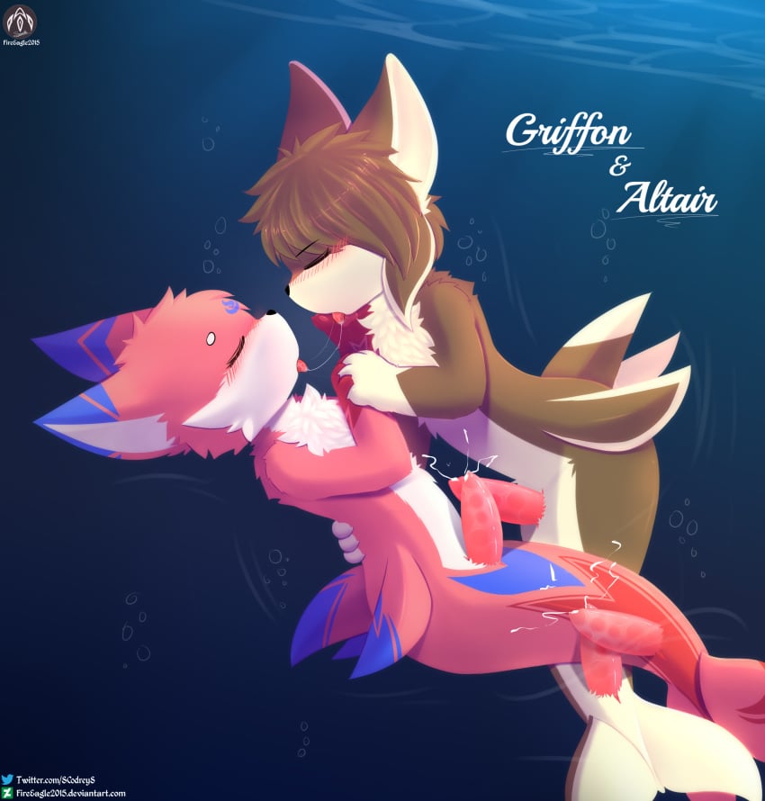 2boys absurd_res anthro blush bodily_fluids canid canine canis closed_eyes cuddling cum cum_in_water cum_on_body cum_underwater diphallia diphallism domestic_cat duo duo_focus felid feline felis fin genital_fluids genitals hand_holding hi_res hug hybrid male male/male male_focus male_only mammal marine merfolk merman multi_penis penis saliva saliva_string sea senz split_form swimming text tongue tongue_out underwater url water wolf