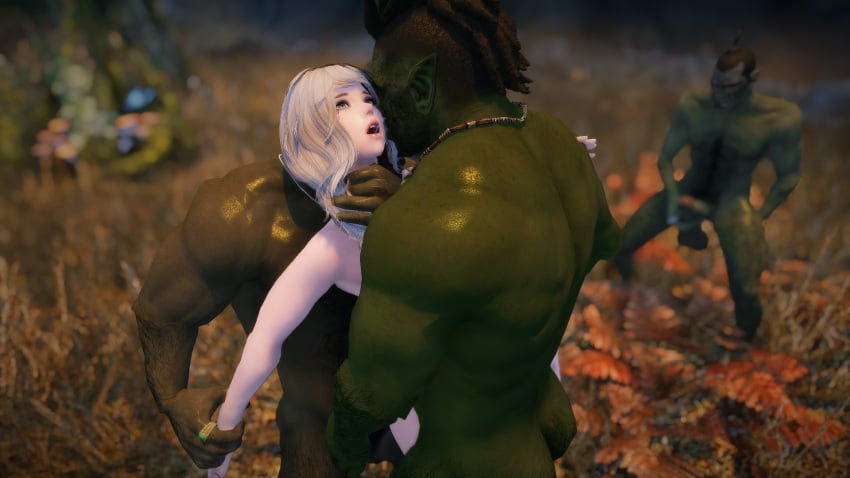 3d fallingtho female hand_around_neck hand_on_neck hand_on_throat interracial light-skinned_female light_skin male male/female masturbating_while_watching masturbation modded onean orc orc_male orced orsimer skyrim threesome