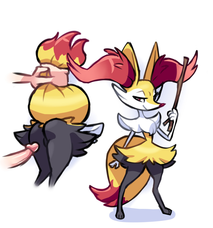 absurd_res anthro bottomwear braixen cheek_tuft chest_tuft clothing duo ear_tuft erection facial_tuft female fur generation_6_pokemon genitals hi_res human human_on_anthro humanoid_genitalia humanoid_penis interspecies magic_user male male/female male_on_anthro mammal nintendo penis pokemon pokemon_(species) pokephilia raised_tail red_eyes serena_(pokemon) skirt smile stick tail tail_pull thousandarms tuft witch yellow_body yellow_fur