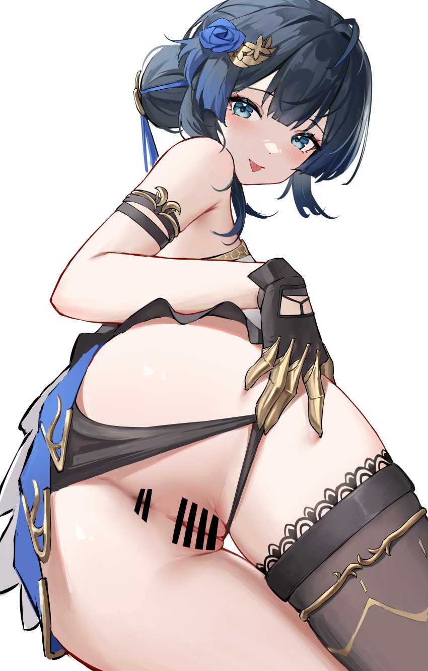 absurdres ahoge anus arm_strap ass bar_censor bare_shoulders black_gloves black_hair black_panties black_skirt black_thighhighs blue_eyes blue_flower blue_rose blush censored chinese_commentary clothing_aside commentary_request female flower from_behind gloves hair_bun hair_flower hair_ornament hand_on_own_thigh highres hundun_no_bifang katya_(snowbreak) looking_at_viewer medium_hair multicolored_hair official_alternate_costume panties panties_aside partial_commentary pussy rose simple_background single_hair_bun single_thighhigh skirt smile snowbreak:_containment_zone solo streaked_hair thighhighs tongue tongue_out underwear white_background