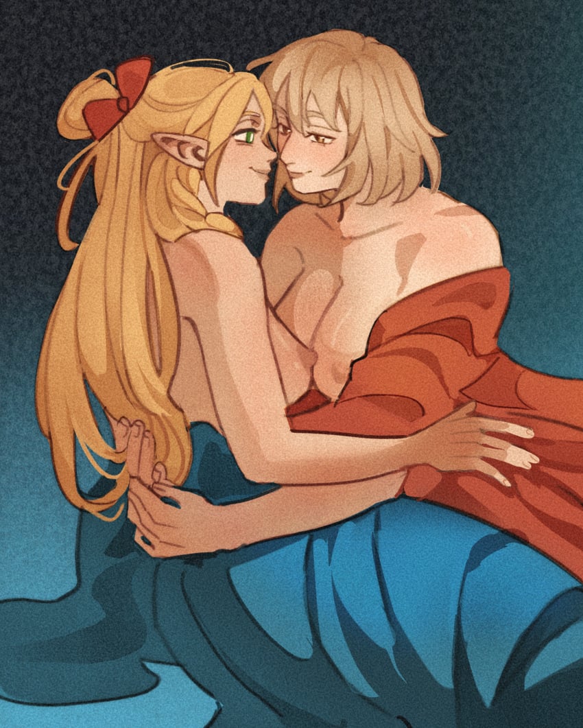 2girls arms_around_partner big_breasts blonde_hair blue_background breasts color delicious_in_dungeon dungeon_meshi elf_ears elf_female falin_touden gradient_background green_eyes hair_ornament half-elf highres large_breasts lighting long_hair looking_at_another lying_on_side marcille_donato miloras nipples partially_clothed pointy_ears robe romantic romantic_couple short_hair sideboob sitting smile tied_hair wholesome yellow_eyes yuri