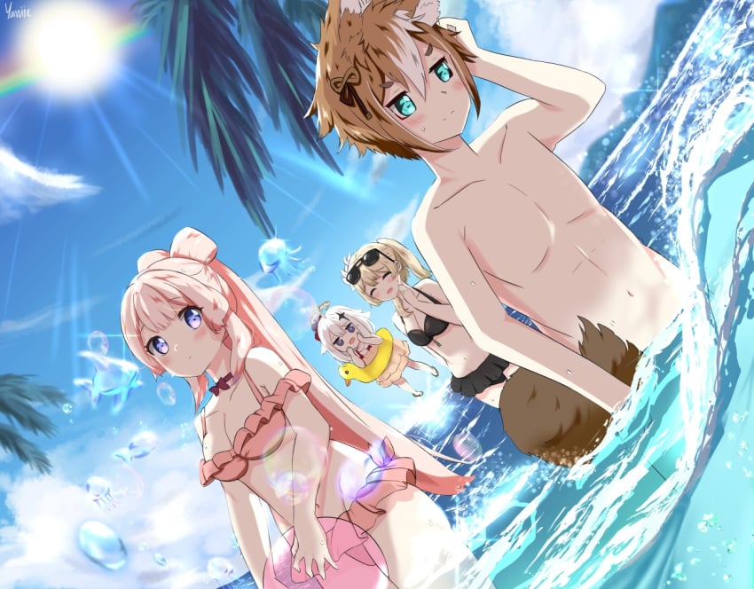 1boy 3girls bikini blue_eyes blue_sky blue_water dog_boy dog_ears dog_tail female genshin_impact gorou_(genshin_impact) male male/female ocean pink_bikini pink_hair sangonomiya_kokomi seaside shirtless sky straight summer swimsuit tail turquoise_eyes water