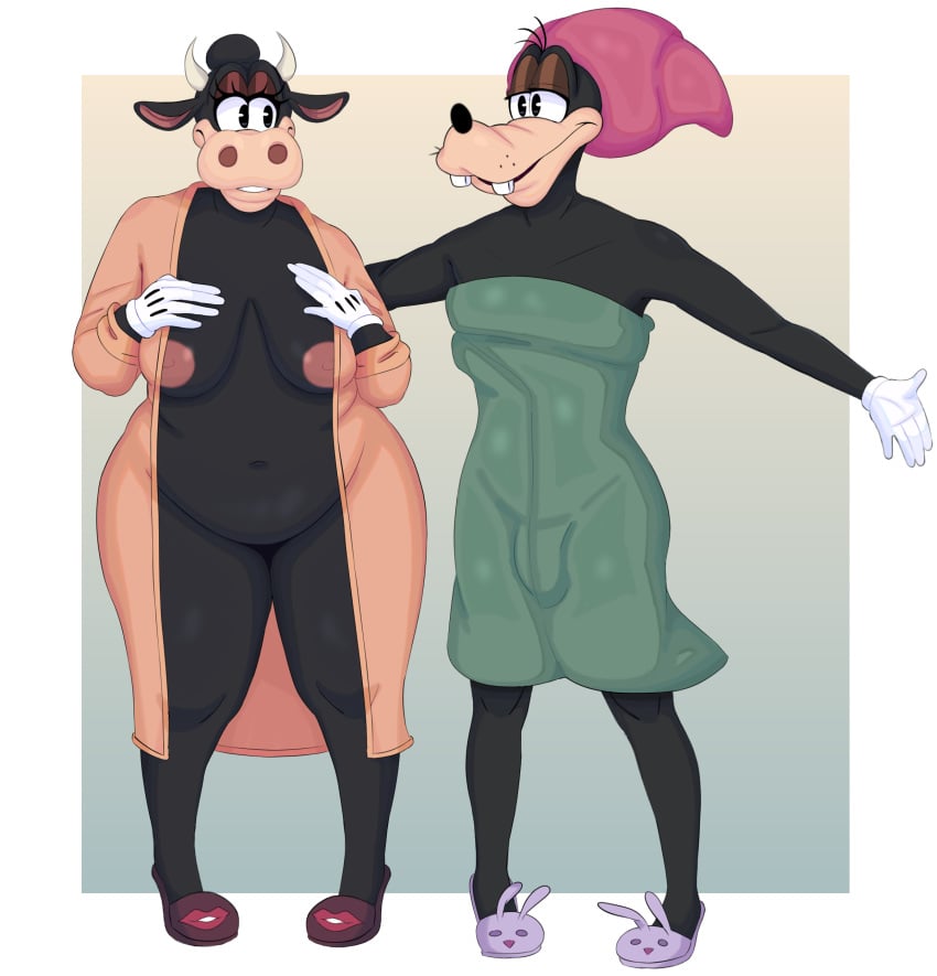 absurd_res anthro areola bedroom_eyes big_breasts boolishclara bovid bovine breasts bulge canid canine canis cattle clarabelle_cow clothing disney domestic_dog duo female goofy_(disney) hi_res male mammal narrowed_eyes navel nipples pose robe seductive smile thick_thighs towel