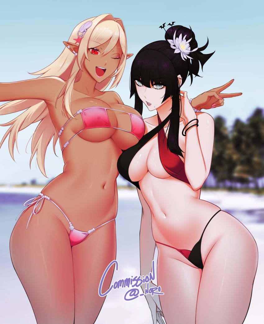 2girls ;d absurdres aqua_eyes bead_bracelet beads bikini black_hair blonde_hair bracelet breasts cleavage dark-skinned_female dark_skin day earrings elezen final_fantasy final_fantasy_xiv flower groin hair_flower hair_ornament highres hyur jewelry long_hair looking_at_viewer mole mole_under_mouth multiple_girls n0r0 navel one_eye_closed open_mouth orange_hair outdoors parted_lips pink_bikini pink_lips pink_nails pointy_ears ponytail red_eyes red_lips smile swimsuit teeth v yotsuyu_(final_fantasy_xiv)