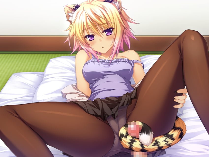 animal_ears black_legwear blonde_hair byoubu_tetora cat_ears catgirl censored fur game_cg otomimi_infinity panties pantyhose penis purple_eyes short_hair tail underwear yasaka_minato