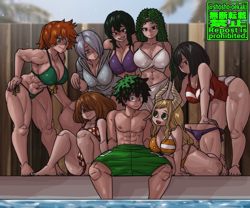 1boy 6+girls 7girls american artist_logo big_breasts bikini black_hair blonde_hair brown_hair embarrassed green_hair group harem ibara_shiozaki itsuka_kendou izuku_midoriya japanese komori_kinoko light-skinned_female light-skinned_male light_skin looking_at_another multiple_girls muscular_female muscular_male my_hero_academia orange_hair pool poolside reiko_yanagi shiozaki_ibara shosho_oekaki sitting_down thick_thighs tokage_setsuna tsunotori_pony water yanagi_reiko yui_kodai