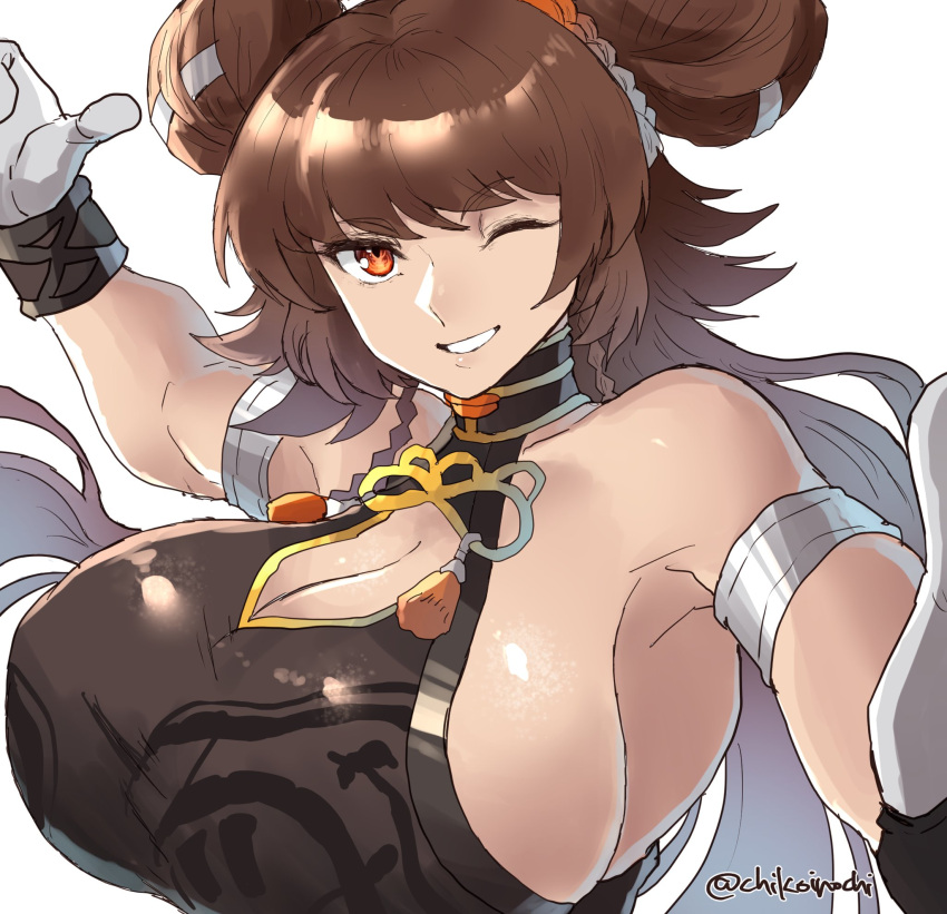 1girls artist_name bare_shoulders braid breasts brown_hair chikoinochi cleavage dnf_duel dungeon_and_fighter dungeon_fighter_online female hair_bun huge_breasts large_breasts looking_at_viewer nen_master_(dungeon_and_fighter) one_eye_closed orange_eyes sideboob smile solo tied_hair wink