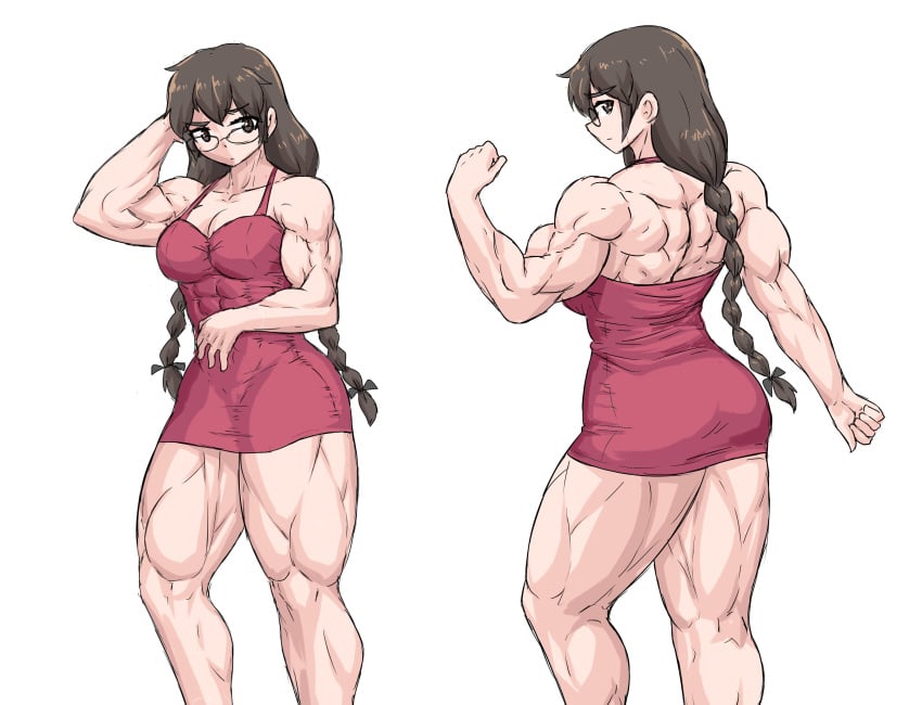 abs back_muscles cleavage dress glasses muscular_female original_character sheepapp skin_tight thick_thighs twin_braids