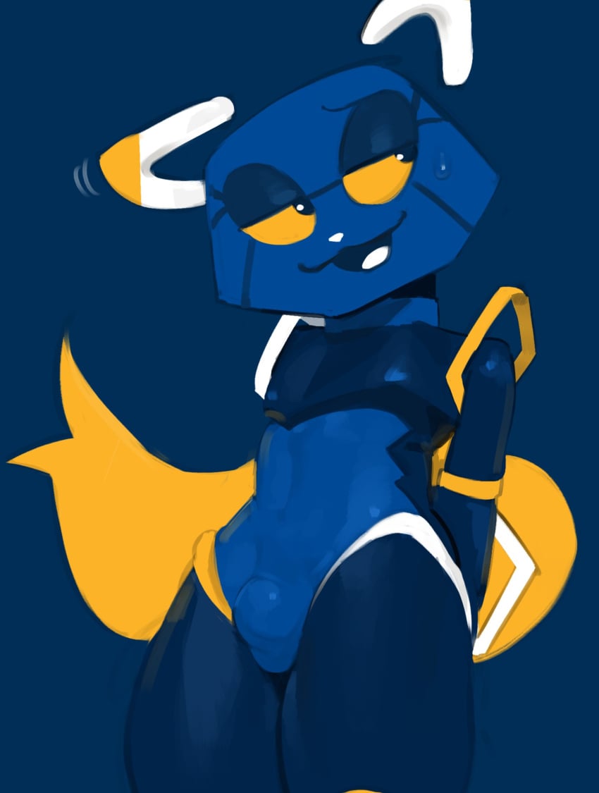 anthro blue_body bodily_fluids bulge clothed clothing e621 esix femboy hi_res kogito looking_away male nervous_smile nervous_sweat smile solo sweat tail white_nose yellow_sclera yellow_tail