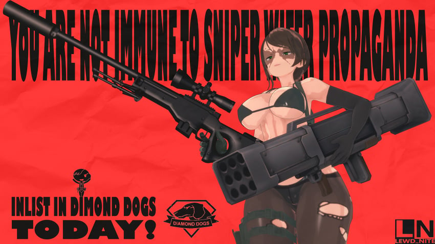 bikini holding_rpg holding_sniper_rifle homage konami lewd_nite metal_gear metal_gear_solid metal_gear_solid_v metal_gear_solid_v:_the_phantom_pain pinup propaganda propaganda_poster quiet_(metal_gear) rpg sniper_rifle tagme