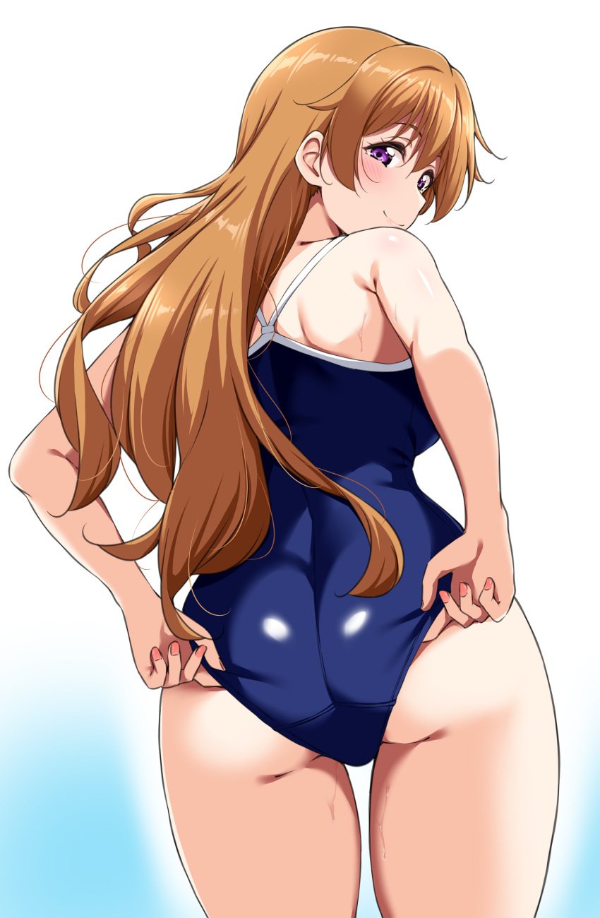 absurdres adjusting_clothes adjusting_swimsuit ass blue_one-piece_swimsuit blush brown_hair female from_behind highres konoe_kanata long_hair looking_at_viewer looking_back love_live! love_live!_nijigasaki_high_school_idol_club nail_polish one-piece_swimsuit purple_eyes smile solo swimsuit wet white_background yopparai_oni