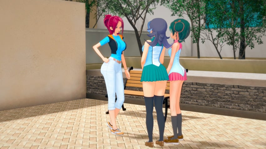 3girls blue_hair clothing female huge_breasts kamishiro_rio kari_tsukumo koikatsu kotori_mizuki legwear long_hair lv92_ts manga_page multiple_girls pants red_eyes rio_kamishiro school_uniform short_skirt skirt teenager tori_meadows tsukumo_akari younger_female yu-gi-oh! yu-gi-oh!_zexal