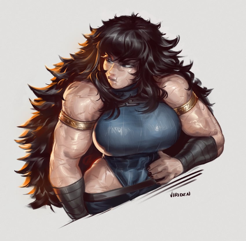 1girls big_breasts black_eyes black_hair female female_only hi_res leotard long_hair looking_away messy_hair muscular muscular_female narrowed_eyes ramia-yana ramia_(ramia-yana) scars scars_all_over simple_background solo viriden