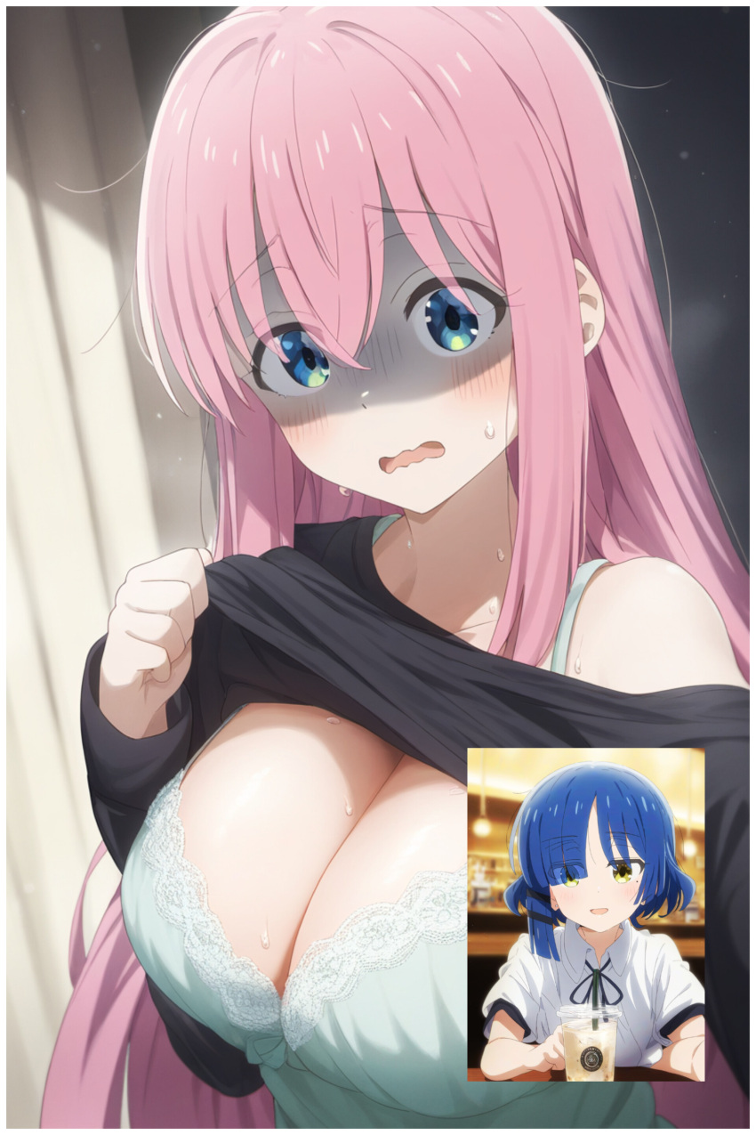 2girls ai_generated ai_rukachi bocchi_the_rock! breasts busty cafe drink female flashing flashing_breasts gotou_hitori large_breasts nervous nervous_face phone_screen photoshop shirt_up showing_breasts shy smile sweat sweatdrop video_call wavy_mouth yamada_ryou yuri