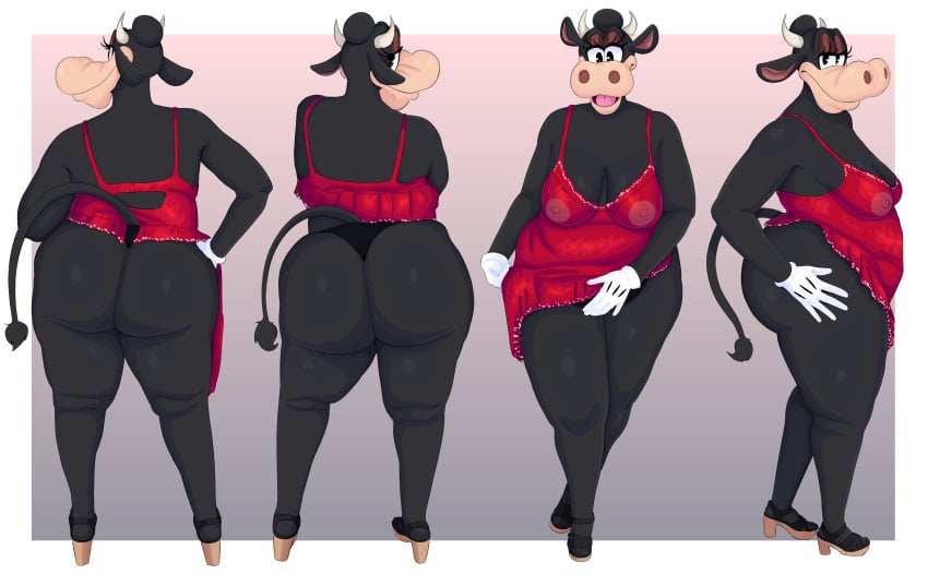 absurd_res anthro areola ass bedroom_eyes big_breasts big_butt boolishclara bovid bovine breasts cattle clarabelle_cow clothing disney female footwear hand_on_butt hi_res high_heels lingerie mammal narrowed_eyes nipple_outline pinup pose seductive shoes smile solo thick_thighs