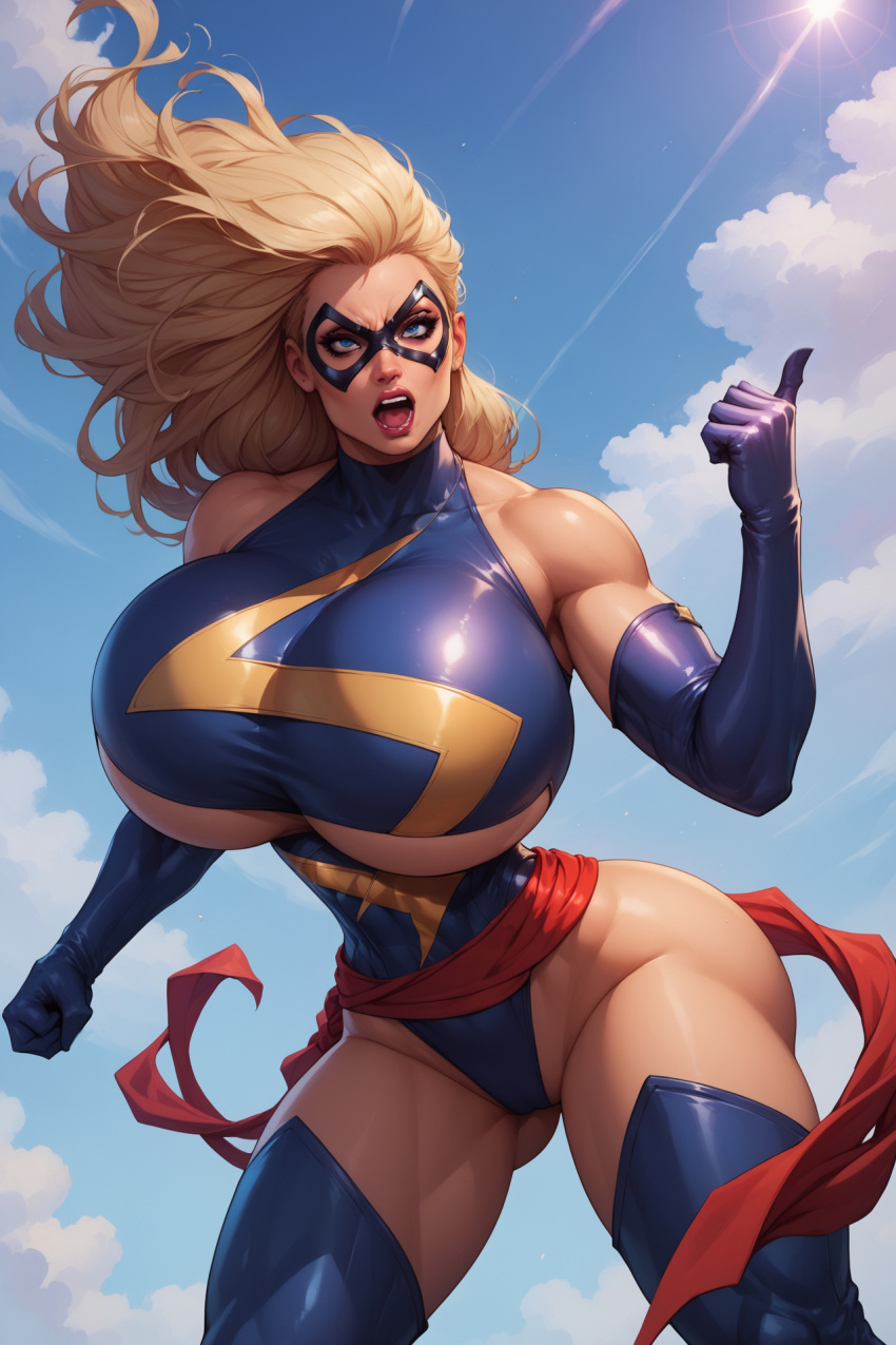 1girls ai_generated angry big_ass big_breasts blonde_hair breasts_bigger_than_head bythebrokenone carol_danvers cross-eyed female female_only human human_only hyper_breasts light-skinned_female light_skin marvel ms._marvel_(carol_danvers) solo underboob