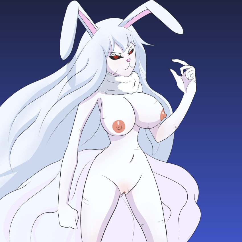 1girls anthro big_breasts black_sclera bunny_ears bunny_girl carrot_(one_piece) female female_only furry long_hair naked one_piece pussy red_eyes solo_female sulong sulong_carrot white_fur white_hair zeik999