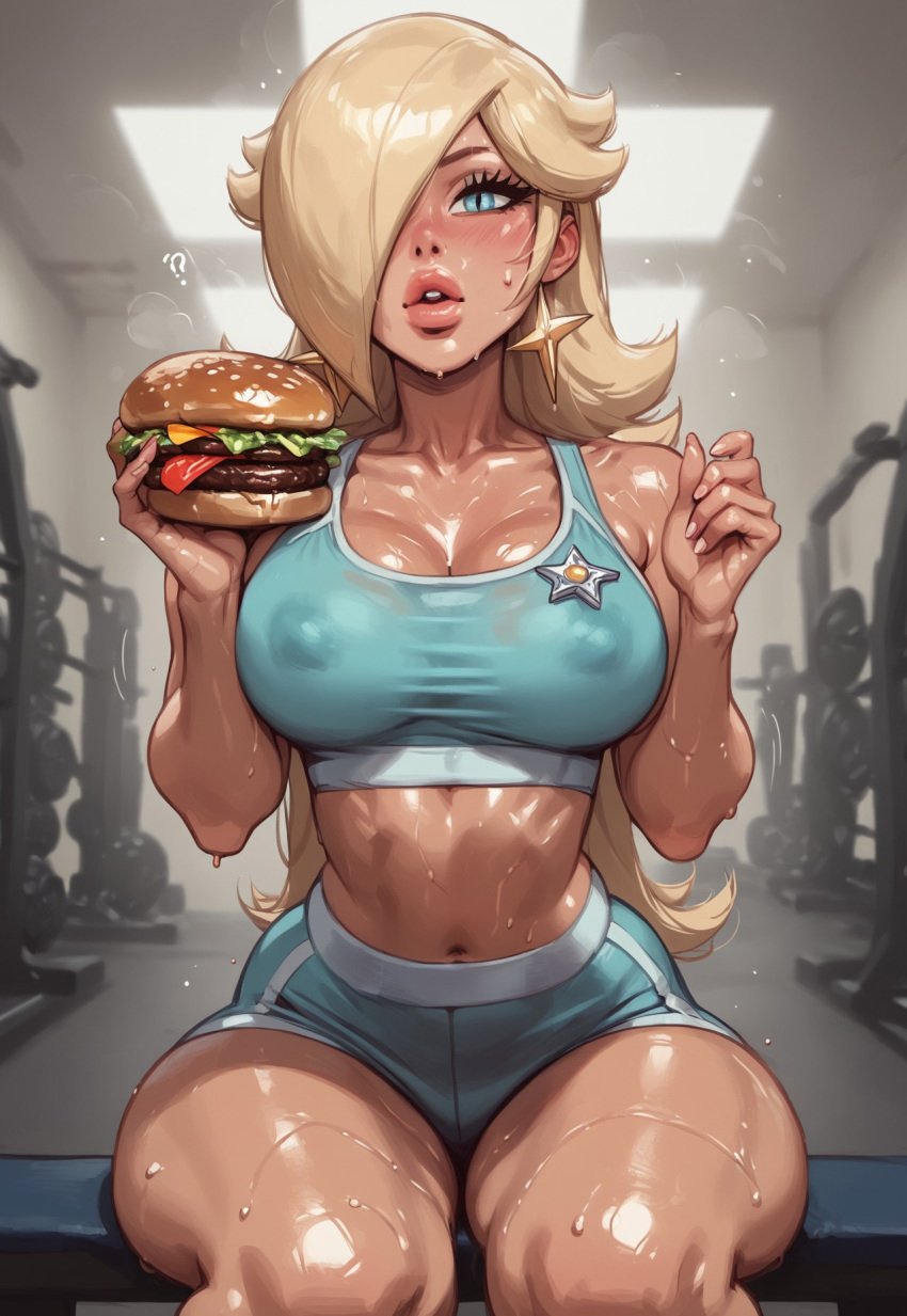 ai_generated burger cleavage crop_top curvy gym gym_uniform jessicabreas midriff milf nintendo poor_quality princess_rosalina short_shorts small_breasts thick_thighs