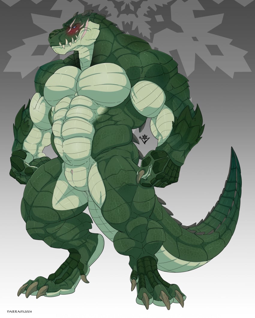 abs animal_genitalia anthro blue_eyes blush claws crocodilian genital_slit genitals hi_res lustful_desires male muscular muscular_anthro muscular_male narram official_art pecs reptile scales scalie scar sharp_teeth solo tail talon_(lustful_desires) teeth