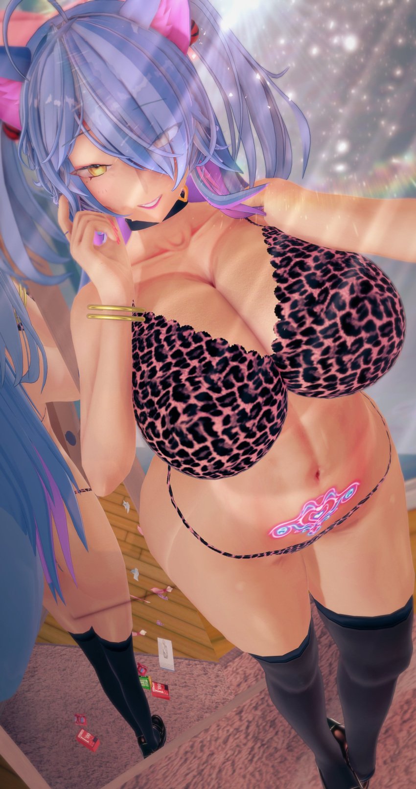 3d blue_hair bow bracelet cat_ears cat_tail catgirl collar collarbone condom_wrapper deluxe_rosie eyes_visible_through_hair indie_virtual_youtuber leopard_print pubic_tattoo rosie_(vtuber) selfie solo succubus_tattoo tan_body twintails underwear virtual_youtuber