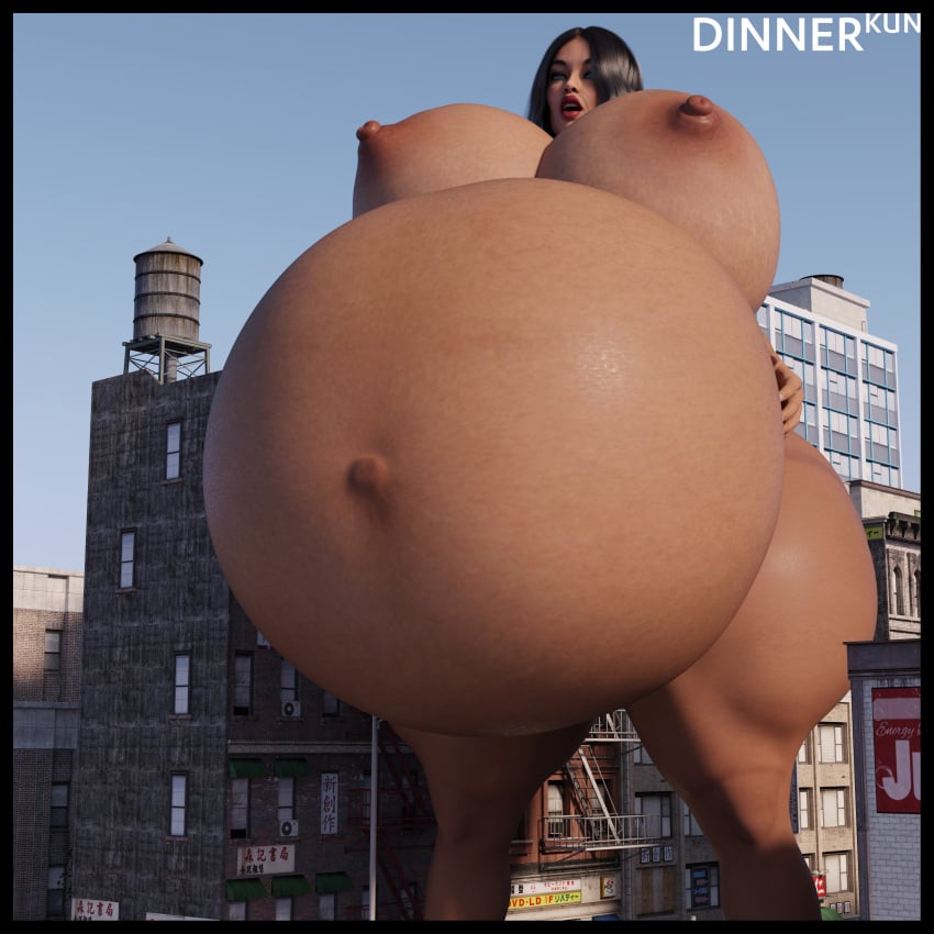 1girls 3d belly big_belly big_breasts black_hair breasts dinner-kun female giantess huge_belly huge_breasts macro nipples