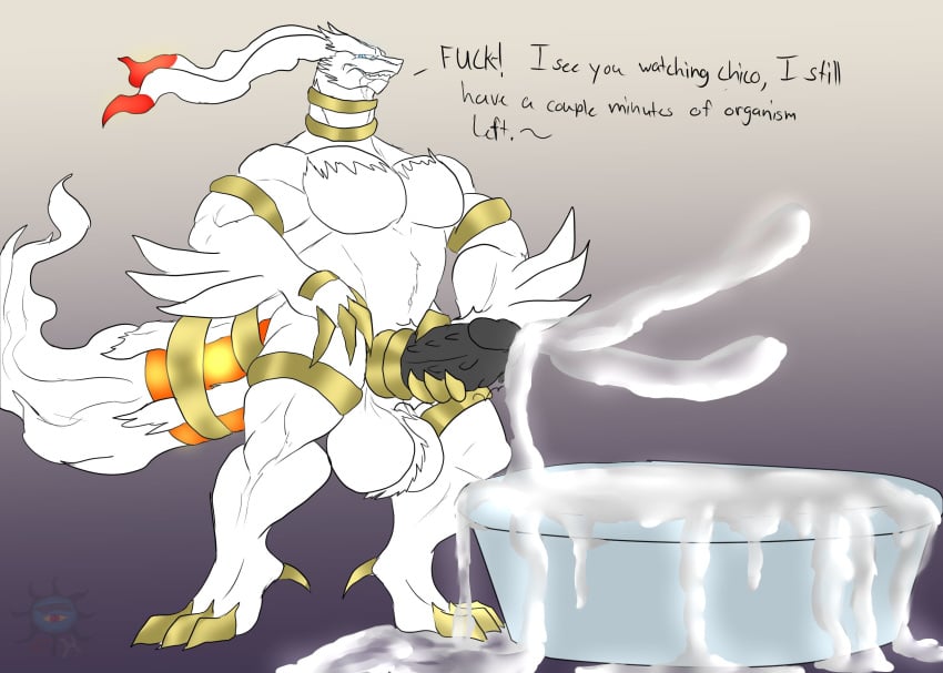 anthro balls bathtub big_balls big_penis bodily_fluids cum daikuhiroshiama english_text excessive_cum excessive_genital_fluids generation_5_pokemon genital_fluids genitals hi_res legendary_pokemon male masturbation muscular muscular_anthro muscular_male nintendo penis pokemon pokemon_(species) rammon_(tornado345) reshiram solo text