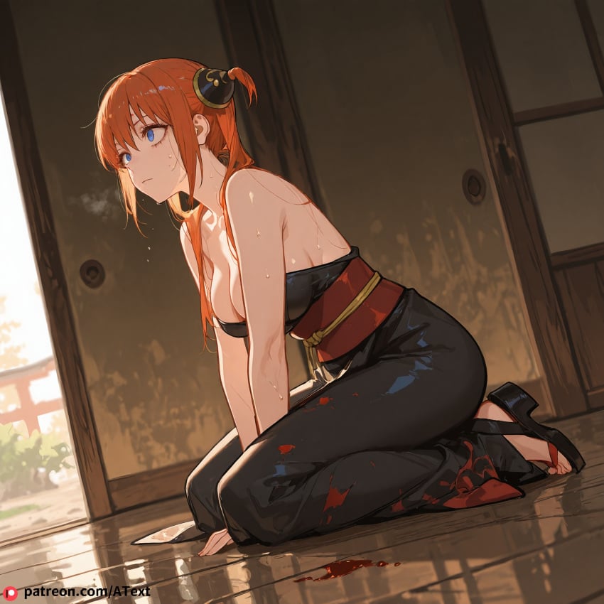 ai_generated atext blood blue_eyes breasts disheveled evil feet gintama kagura_(gintama) kneeling large_breasts orange_hair scared sweat toes wounded