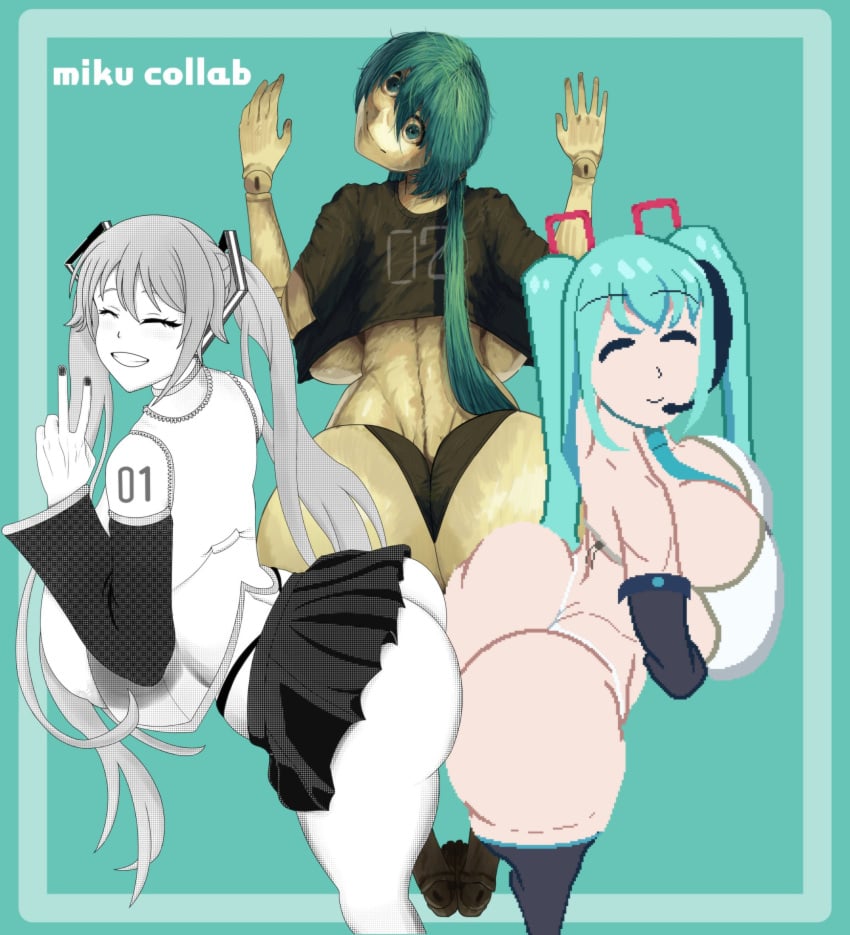 3girls ababachenchen anthro barely_clothed big_ass big_breasts big_eyes blue_background blue_eyes blue_hair collaboration creepy digital_drawing_(artwork) digital_media_(artwork) doll doll_girl female hatsune_miku huge_ass huge_breasts light-skinned_female living_doll long_hair looking_at_viewer looking_back miku_doll mosquerajoshua multiple_girls nightmare_waifu onepixelafter pixel_art semi-anthro simple_background solo thick_ass thick_thighs venus_body vocaloid