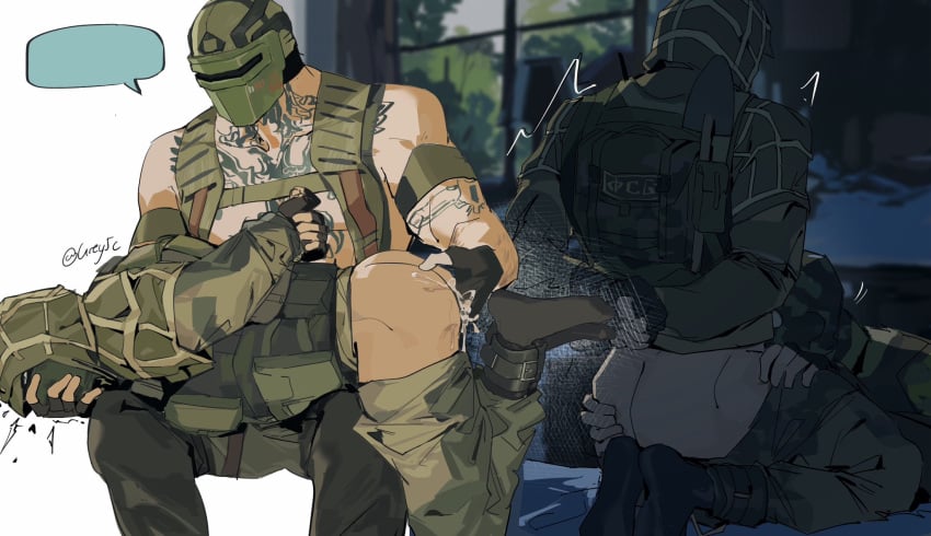 2boys across_lap anal_fingering beefy blowjob bound bound_ankles bound_wrists clothed clothed_sex daddy dim_lighting fellatio fingering gay grabbing_ass grey5c hand_over_mouth heart helmet kapkan_(rainbow_six) male_only manly masked masked_male military military_uniform on_lap pants_down rainbow_six_siege tachanka_(rainbow_six) tattoos tough_guy uniform yaoi