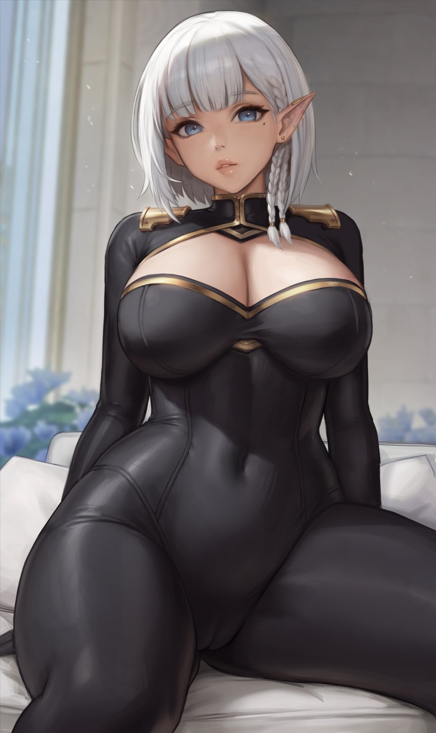 absurdres beta_(the_eminence_in_shadow) black_bodysuit blue_eyes blue_flower blurry blurry_background bodysuit braid cleavage clothes covered_navel ear_piercing earclip earrings elf female flower grey_hair hair_behind_ear highres indoors jewelry kage_no_jitsuryokusha_ni_naritakute! large_breasts long_pointy_ears looking_at_viewer meekohopanes mole mole_under_eye parted_lips piercing pointy_ears short_hair side_braids single_earring sitting skin_tight solo spread_legs stud_earrings teeth the_eminence_in_shadow thighs