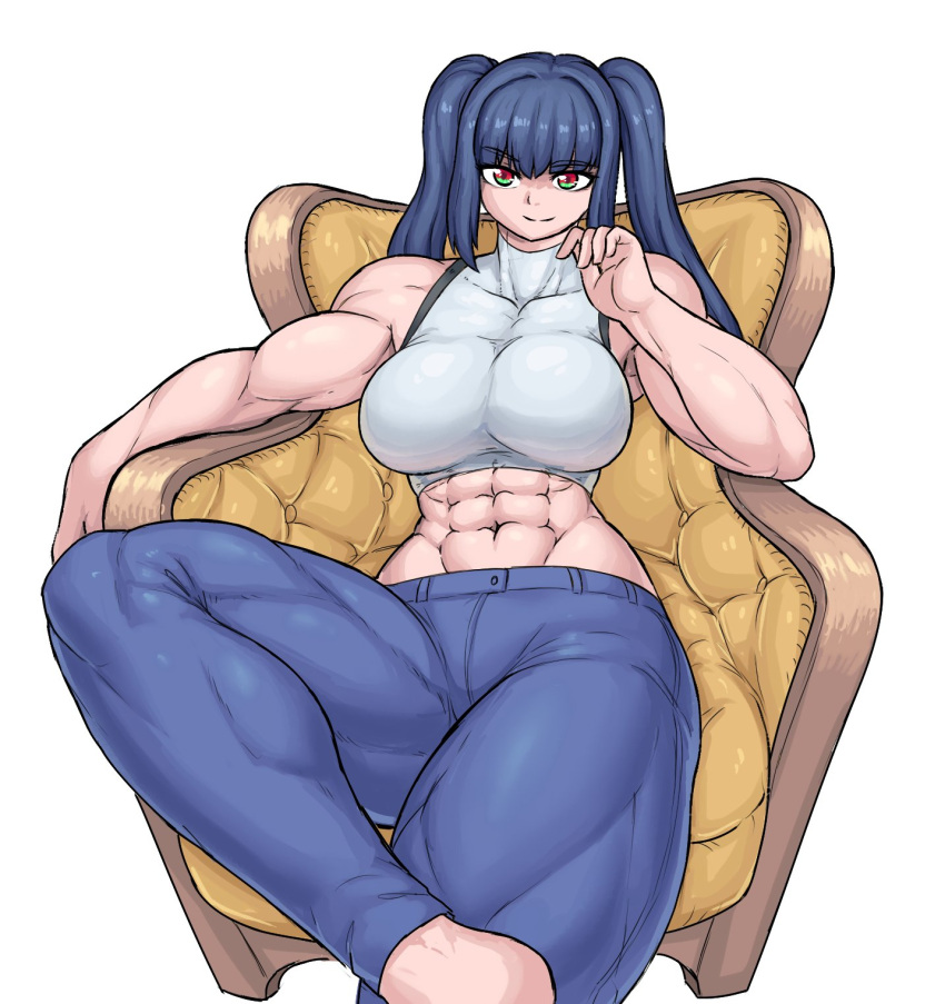 abs barefoot jeans large_breasts muscular_female original_character sheepapp