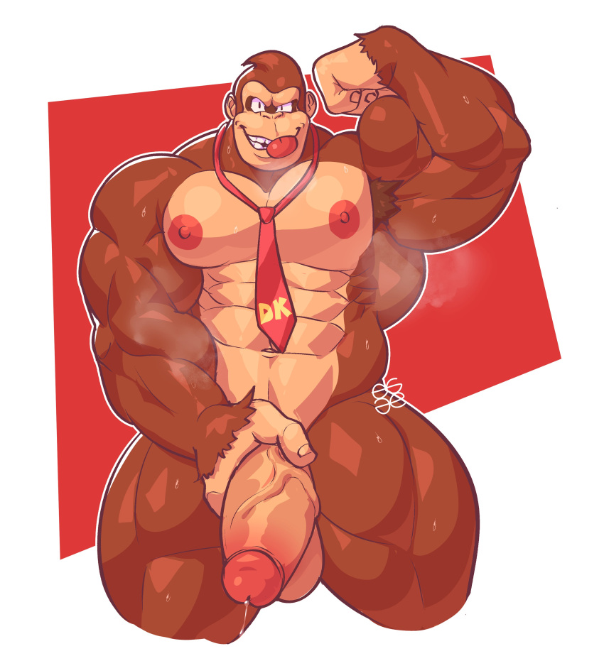 abs absurd_res anthro ape armpit_hair balls big_muscles big_penis bite bodily_fluids body_hair brown_body brown_fur donkey_kong_(character) donkey_kong_(series) egg_concept erection flexing fur genital_fluids genitals gorilla grin haplorhine hi_res humanoid_genitalia humanoid_penis looking_at_viewer male male_only mammal mostly_nude muscular muscular_male musk musk_clouds navel necktie necktie_only nintendo nipples pecs penis precum primate raised_arm signature smile solo tan_body tan_fur thick_thighs tongue tongue_bite tongue_out vein veiny_penis