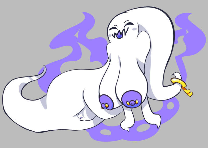 big_breasts breasts closed_eyes female fire genitals ghost ghost_tail hi_res humanoid key nipple_piercing nipples piercing poundfulpanda purple_nipples pussy simple_background solo spirit thick_thighs white_body